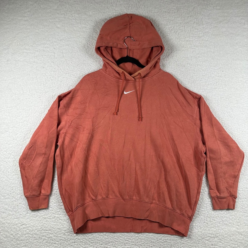 Nike Trend Womens Oversized Center Swoosh Hoodie Fleece Pullover Rust Orange L